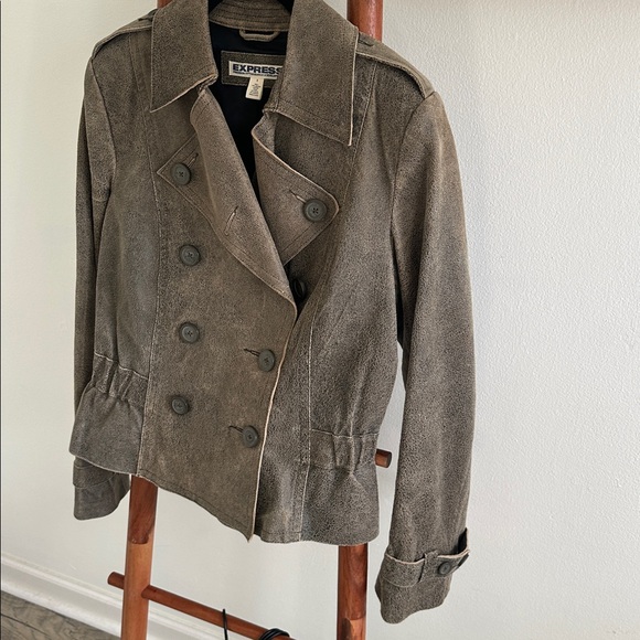 NWOT Vintage Express distressed brown leather double-breasted jacket - Picture 4 of 11